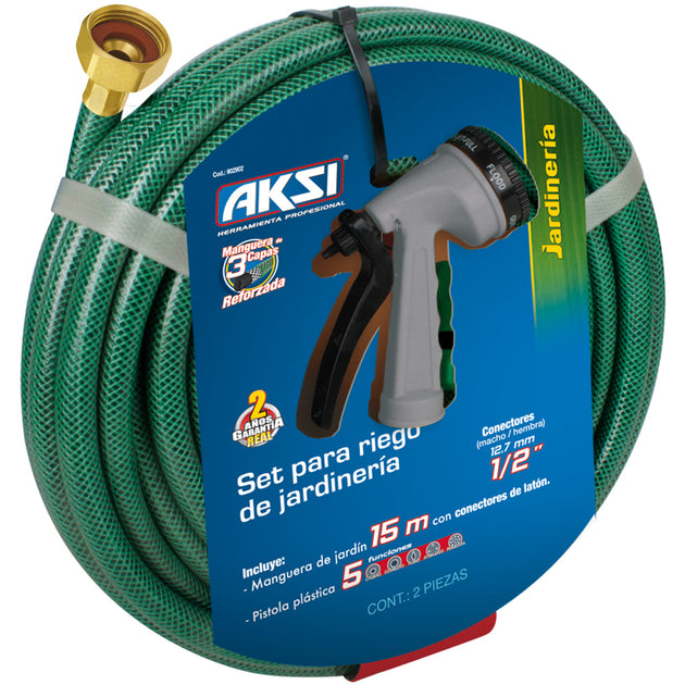 102932 Kit manguera de jardin 15 mts con pistola de riego de 5 funciones