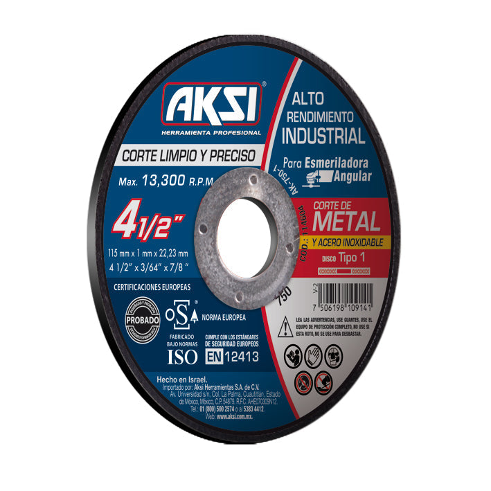 114604 Disco corte de metal y acero inox. 4 1/2" x 1 mm, tipo 1- Alto Rendimiento