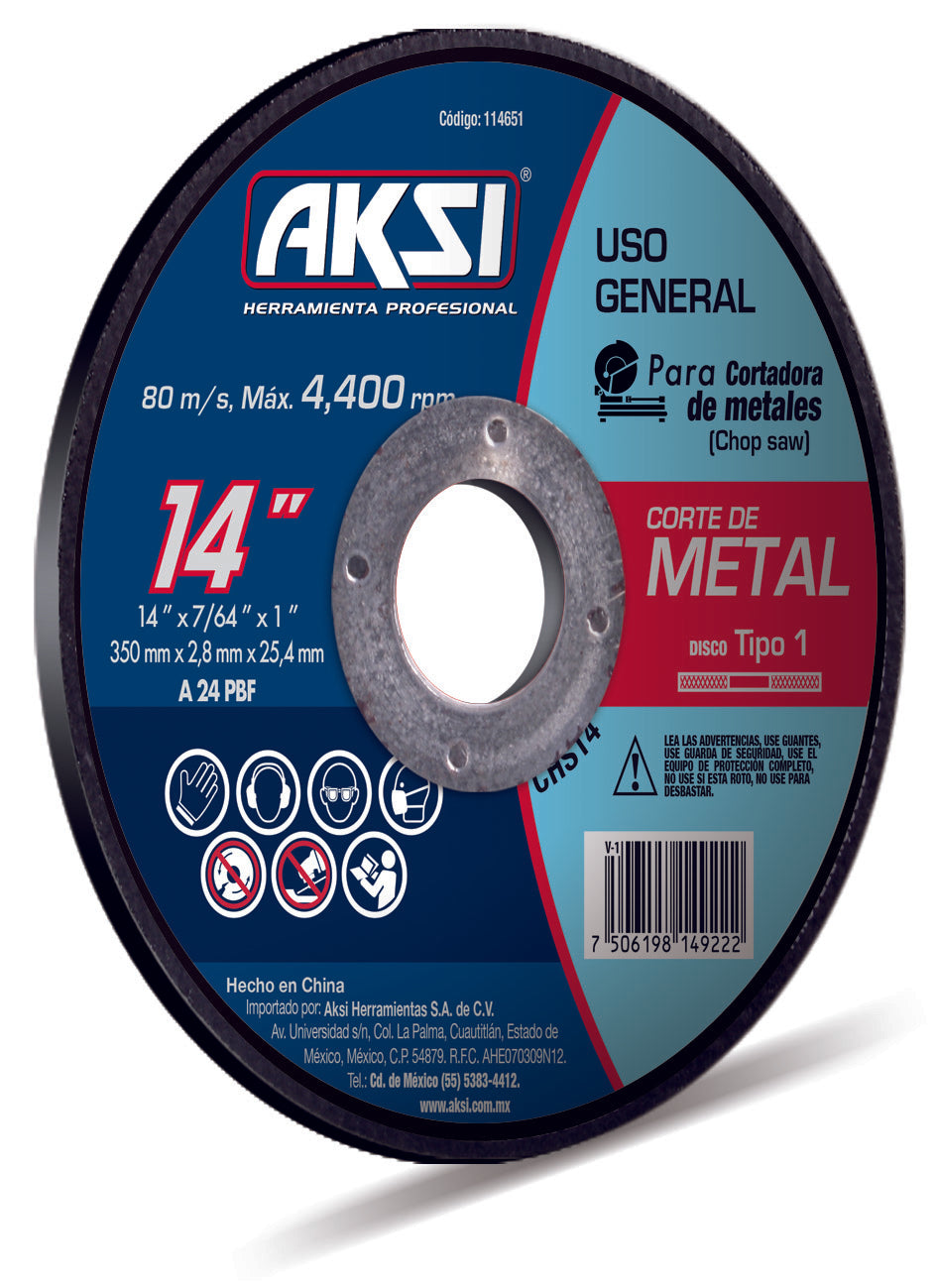 114651 Disco corte de metal 14" Chop saw, tipo 1 - Uso General