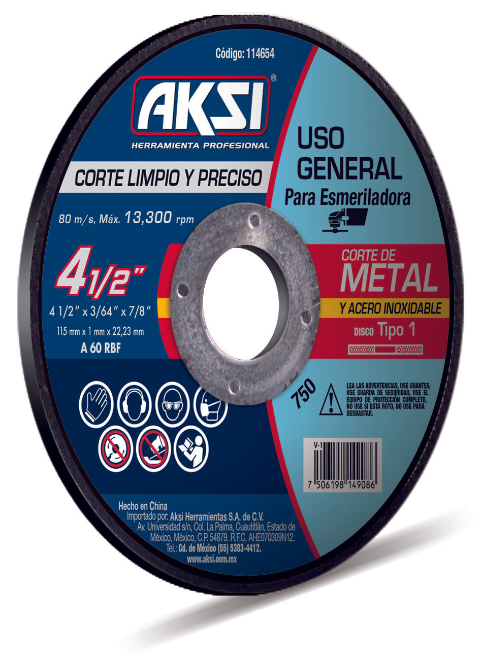 114654 Disco corte de metal y acero inox. 4 1/2" x 1 mm, tipo 1 - Uso General