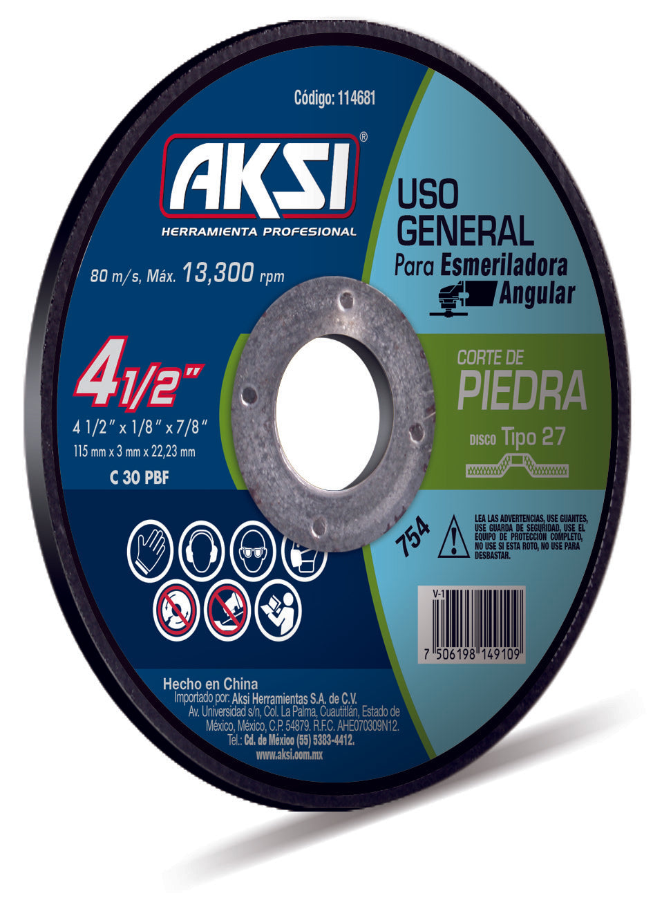 114681 Disco corte de piedra 4 1/2" x 3mm, tipo 27 - Uso General