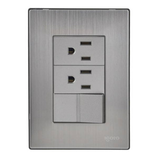 228782 Placa 3 ventanas con 2 contactos 2p+t y apagador sencillo plata Inox Igoto