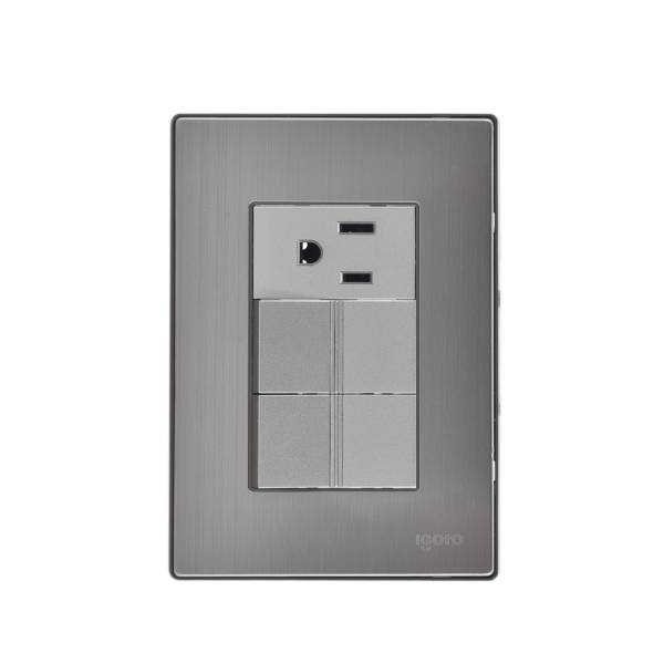 228788 Placa 3 ventanas con 2 apagadores sencillos y contacto 2p+t plata Inox Igoto