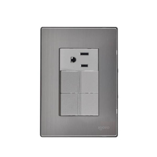 228788 Placa 3 ventanas con 2 apagadores sencillos y contacto 2p+t plata Inox Igoto