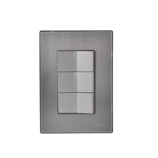 228794 Placa 3 ventanas con 2 apagadores sencillos y apagador escalera plata Inox Igoto