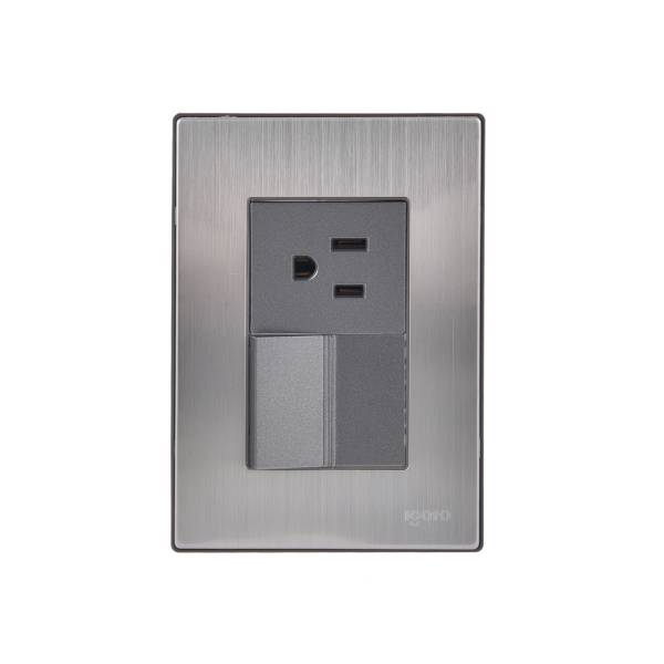 228802 Placa 3 ventanas con apagador sencillo y contacto 2p+t negro Inox-1.5 Igoto