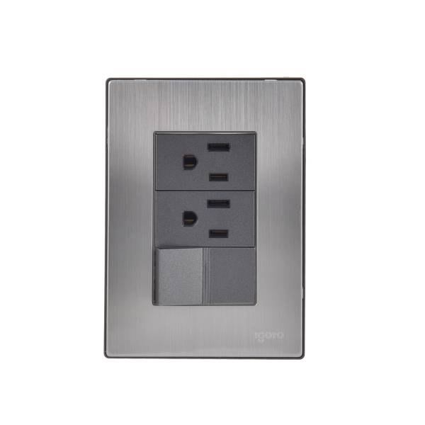 228803 Placa 3 ventanas con 2 contactos 2p+t y apagador sencillo negro Inox Igoto
