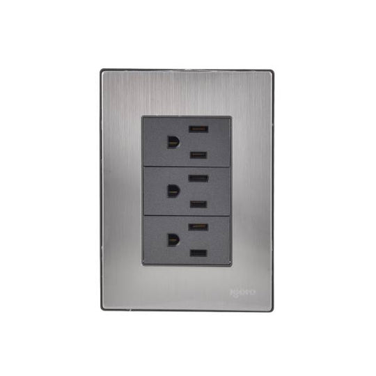 228804 Placa 3 ventanas con 3 contactos 2p+t negro Inox Igoto