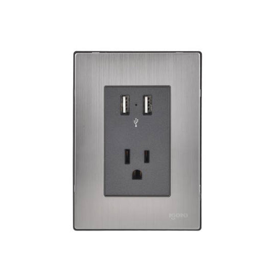228806 Placa 3 ventanas con 2 contactos USB y contactos 2p+t negro Inox Igoto