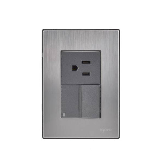 228807 Placa 3 ventanas con apagador escalera y contacto 2p+t negro Inox-1.5 Igoto