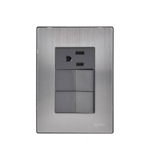 228809 Placa 3 ventanas con 2 apagadores sencillos y contacto 2p+t negro Inox Igoto