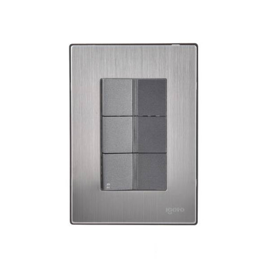 228816 Placa 3 ventanas con 2 apagadores sencillos y apagador escalera negro Inox Igoto