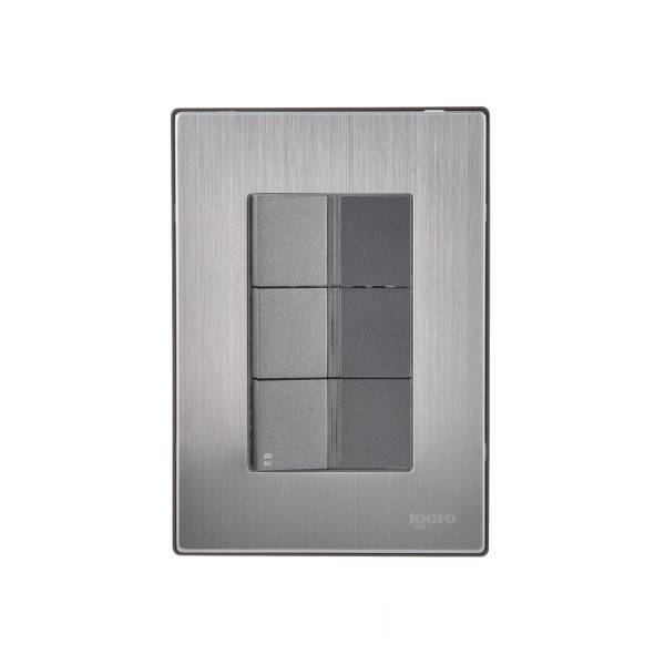 228816 Placa 3 ventanas con 2 apagadores sencillos y apagador escalera negro Inox Igoto
