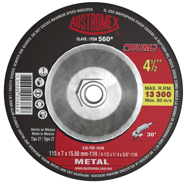 193272 Disco desbaste metal 4-1/2" x 1/4" x 5/8" con adaptador 11hum 560 Austromex