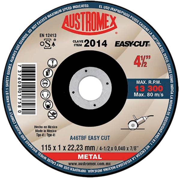 193281 Disco corte metal 4-1/2" x 1 mm x 7/8" easy cut 2014 Austromex