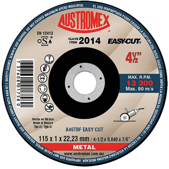 193281 Disco corte metal 4-1/2" x 1 mm x 7/8" easy cut 2014 Austromex