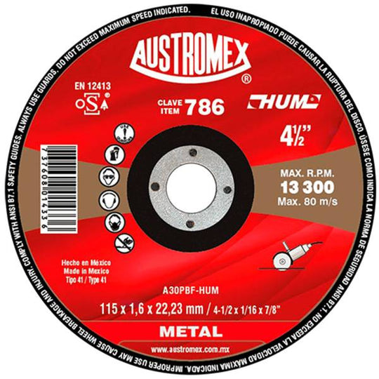193283 Disco corte metal 4-1/2" x 1/16" x 7/8" hum 786 Austromex