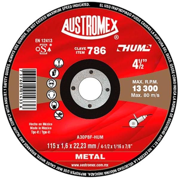193283 Disco corte metal 4-1/2" x 1/16" x 7/8" hum 786 Austromex