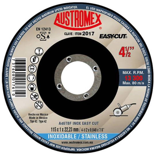 193287 Disco corte de acero inoxidable 4-1/2" x 1 mm x 7/8" easy cut 2017 Austromex