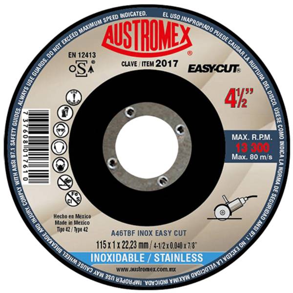 193287 Disco corte de acero inoxidable 4-1/2" x 1 mm x 7/8" easy cut 2017 Austromex