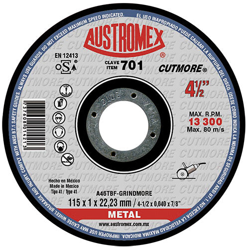 193392 Disco corte metal 4-1/2" x 1 mm x 7/8" grindmore 701 Austromex