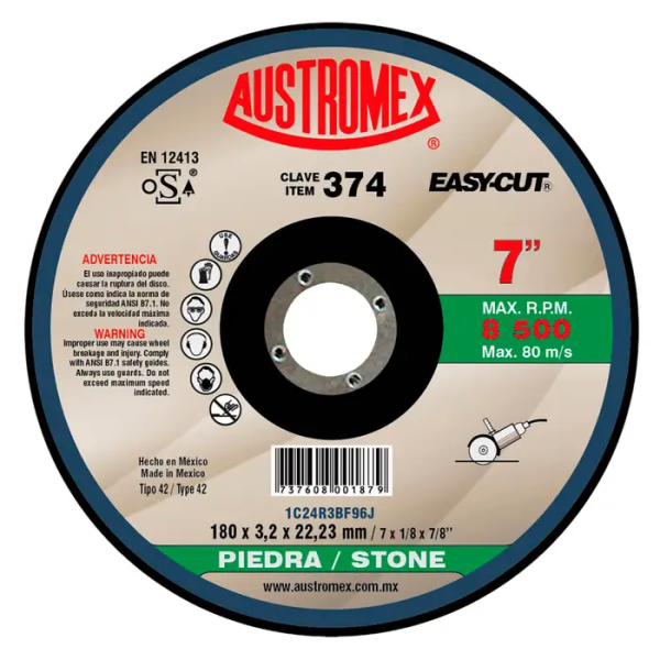 193739 Disco corte piedra 7" x 1/8" x 7/8" easy cut 374 Austromex