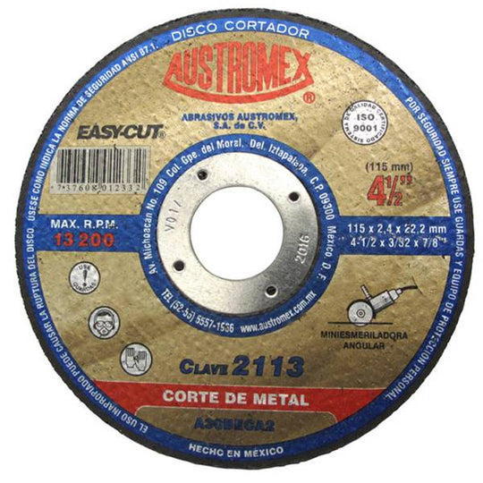 193751 Disco corte metal 4-1/2" x 3/32" x 7/8" easy cut 2113 Austromex