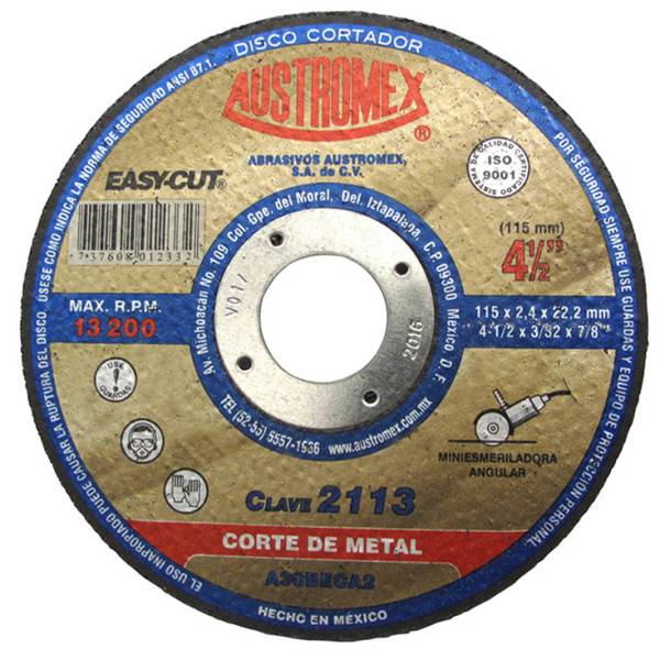 193751 Disco corte metal 4-1/2" x 3/32" x 7/8" easy cut 2113 Austromex