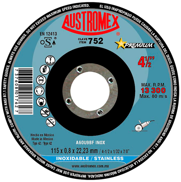 194080 Disco corte de acero inoxidable 4-1/2" x 1/32" x 7/8" Premium 752 Austromex
