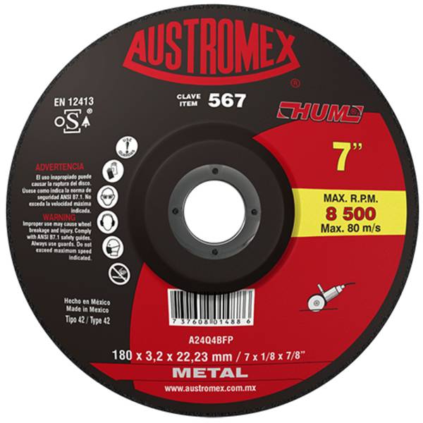 196369 Disco corte metal 7" x 1/8" x 7/8" hum 567 Austromex