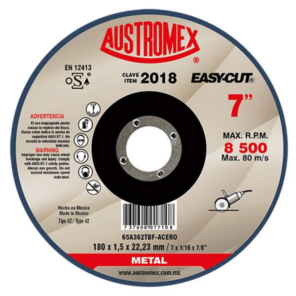 197922 Disco corte metal 7" x 1.5 mm x 7/8" Easycut 2018 Austromex