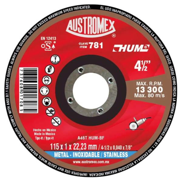 198522 Disco corte metal 4-1/2" x 1 mm x 7/8" hum 781 Austromex