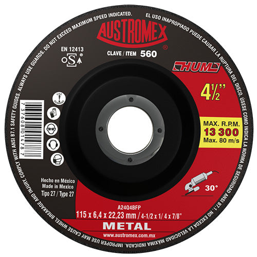 206711 Disco desbaste metal 4-1/2" x 1/4" x 7/8" hum 560 Austromex