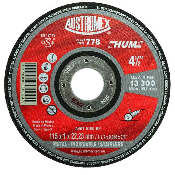 209937 Disco corte metal 4-1/2" x 1 mm x 7/8" Hum 778 Austromex