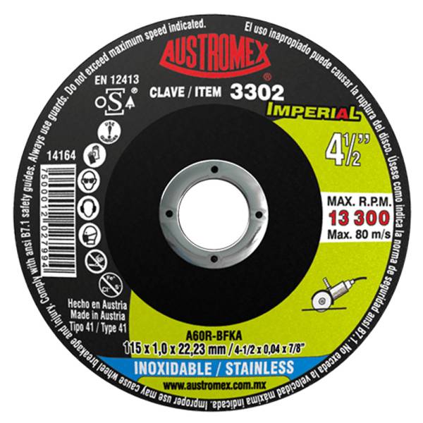 211489 Disco corte de acero inoxidable 4-1/2" x 7/8" imperial 3302 Austromex