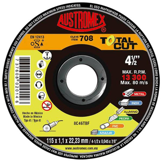 211491 Disco corte multilateral 4-1/2" x 1.1 mm x 7/8" Total Cut 708 Austromex