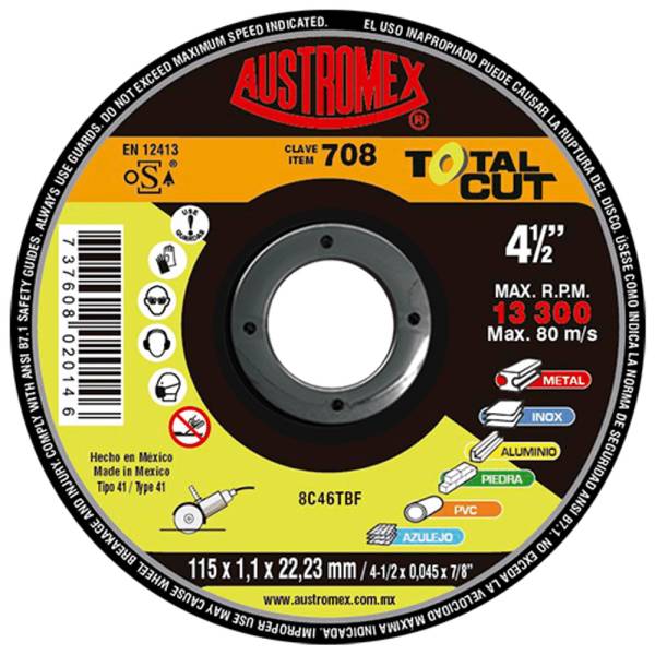 211491 Disco corte multilateral 4-1/2" x 1.1 mm x 7/8" Total Cut 708 Austromex
