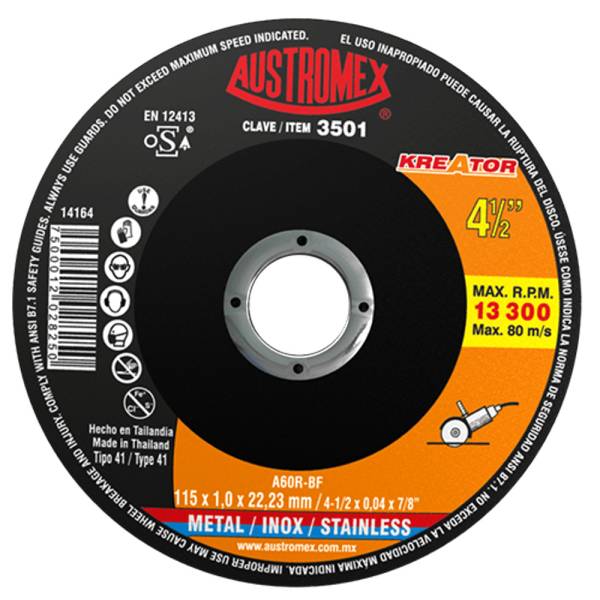 211501 Disco corte de acero inoxidable 4-1/2" x 7/8" kreator 3501 Austromex