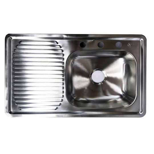 214023 Tarja de acero inoxidable 1 tina 1 escurridor izquierdo empotrar 80 x 50 x 15cm con 6 clips Vianti