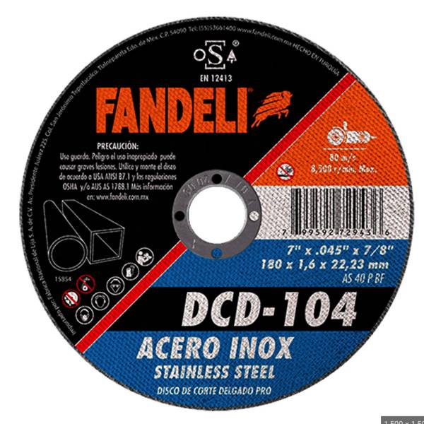 214980 Disco corte de acero inoxidable 7" x 1.6" x 7/8" dcd pro 104 Fandeli