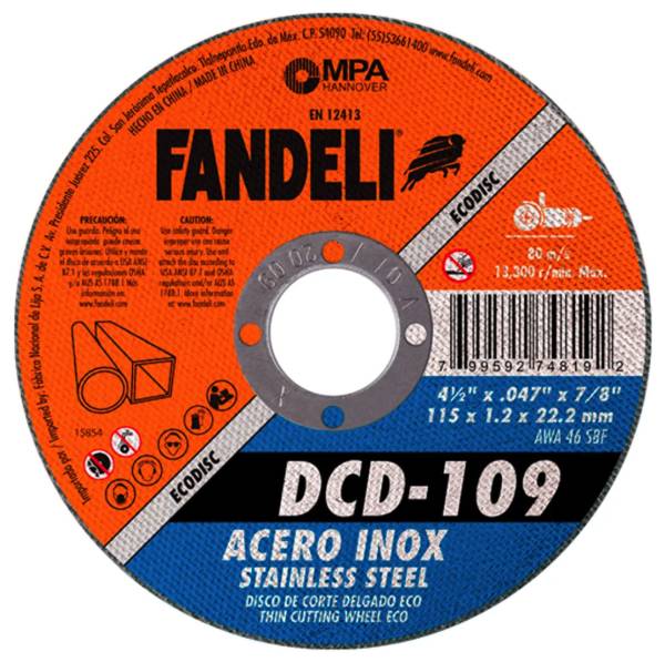 224315 Disco corte de acero inoxidable 4-1/2" x 1.2 mm x 7/8" ECO DCD 109 Fandeli