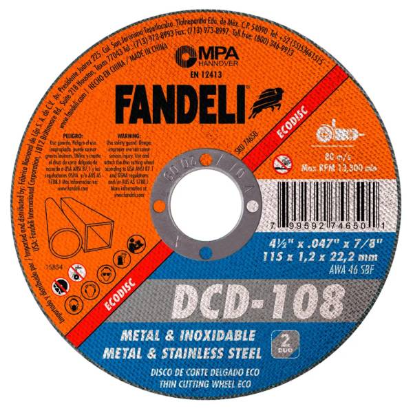 224317 Disco corte metal y acero inoxidable 4-1/2" x 1.2 mm x 7/8" Eco DCD-108 Fandeli