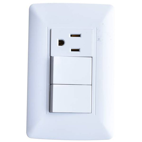280668 Placa 3 ventanas con 2 apagadores sencillos y contacto 2p+t blanco Vianti