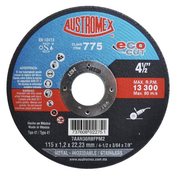 282334 Disco corte metal/inoxidable 41 4-1/2" x 1.2mm x7/8" Ecocut Austromex