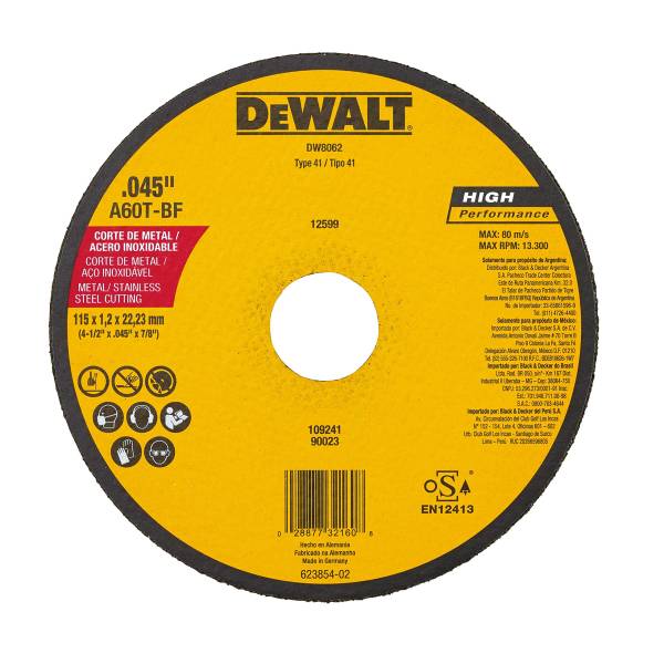 282982 Disco corte metal 4-1/2" x 1.2 mm x 7/8" DeWALT