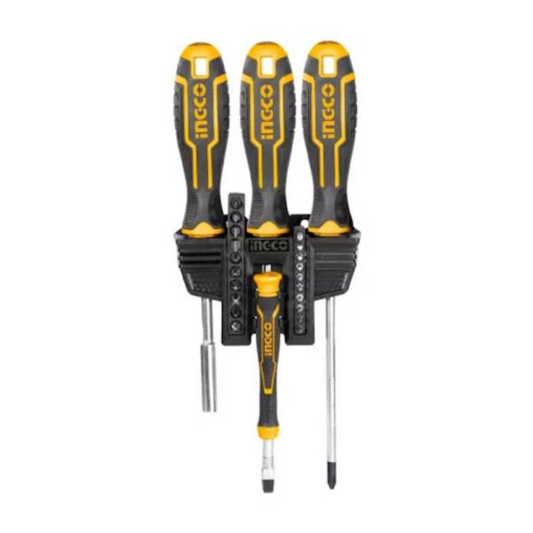 284687 Juego 4 desarmadores y 20 puntas mango con grip Ingco