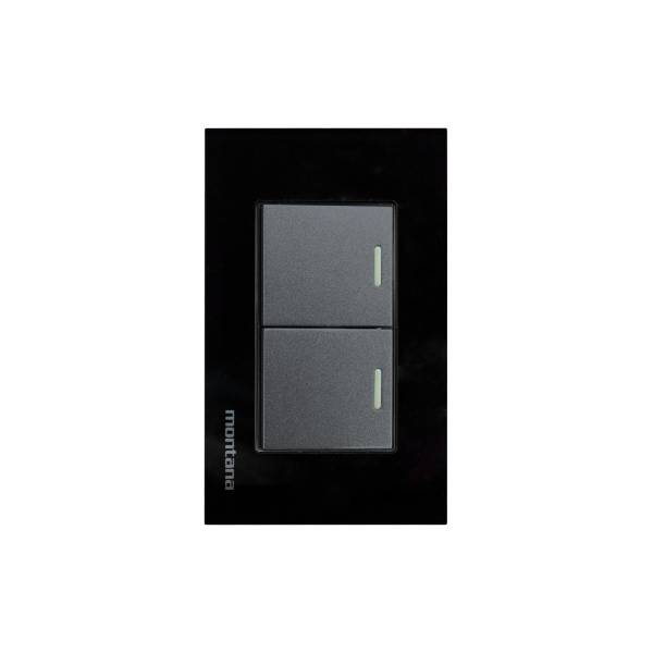 284803 Placa 2 ventanas con apagador sencillo y apagador escalera negro Krystal Montana