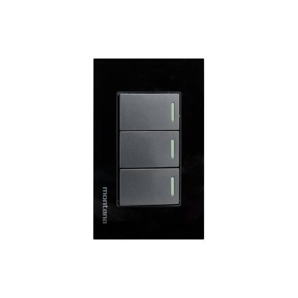 284815 Placa 3 ventanas con 3 apagadores sencillos negro Krystal Montana