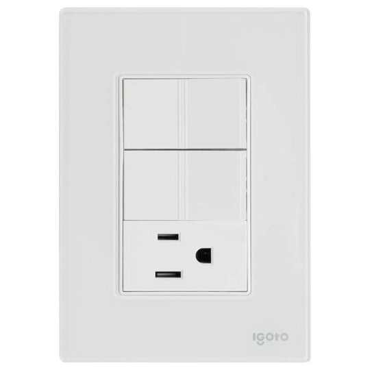 286227 Placa 3 ventanas con 2 apagadores sencillos y contacto 2p+t blanco Cristal Igoto