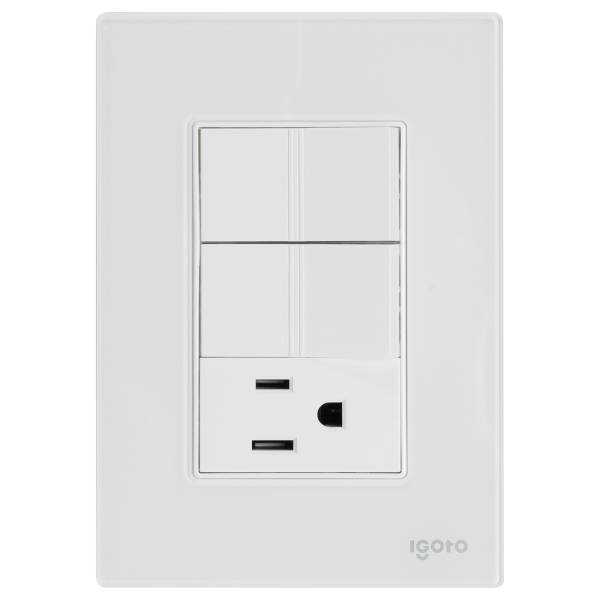 286227 Placa 3 ventanas con 2 apagadores sencillos y contacto 2p+t blanco Cristal Igoto